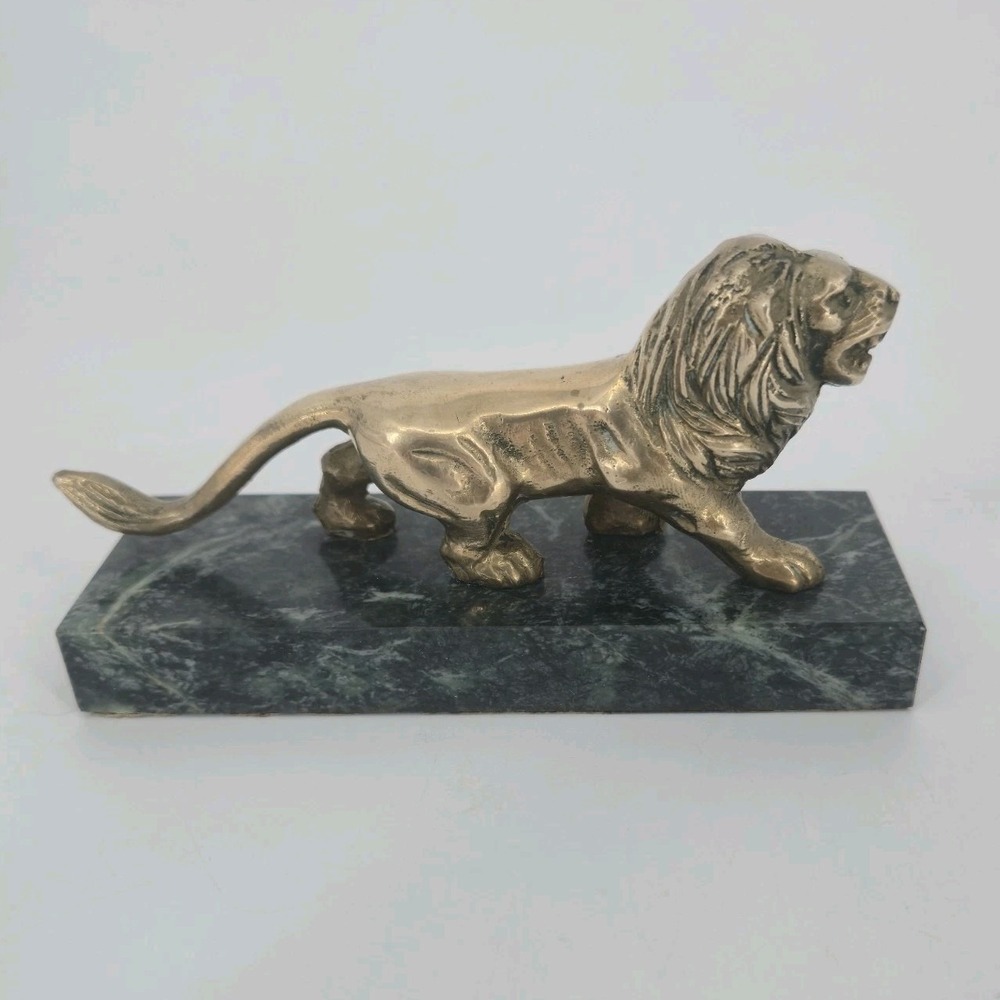 Brass Lion Figurine Green Marble Base Heavy Desk Paperweight 5.5" Sculpture VTG
